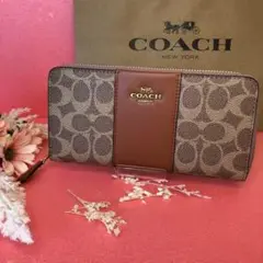 ☆COACH 長財布 ブラウンシグネチャー ピンクライン縦