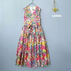 LAMIA ラミア◉ノースリーブ花柄ワンピース　良品　Vネック　ウエストリボン