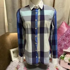 ナラカミーチェブルー系チェック柄シャツブラウス襟とカフス白さわやかM