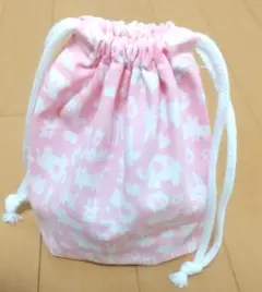 新品　コップ入れ　巾着　ピンク　動物柄　裏なし 　速乾　給食　同梱値引き１００円