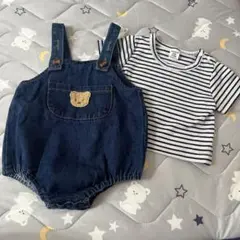 デニムオーバーオール　ストライプTシャツ