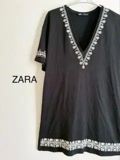 美品ZARA ブラック刺繍入りVネックチュニック 黒 コットン素材 USA M