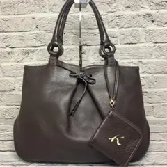 美品✨キタムラ A4可 ポーチ付き シボ革 レザー トートバッグ ダークブラウン