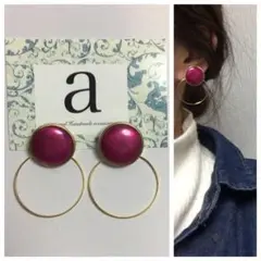 1057-3 2way☺︎パールピンクとゴールドのピアス×ゴールドフープ☺︎