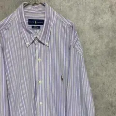 00S ラルフローレン ストライプシャツ 紫 メンズ XL 古着 ワンポイント
