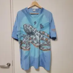USA製 総柄タコ柄 ヴィンテージ 古着 Tシャツ青タイダイ XL