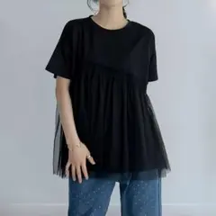 新品 チュール付き半袖Tシャツ レディース カジュアル 夏 黒 フリーサイズ