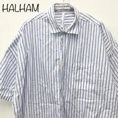 【HALHAM】メンズ　半袖ワイシャツ　ストライプ　ブルー　L