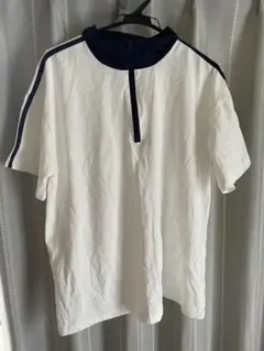 ホワイト ハイネック Tシャツ ネイビー ストライプ L