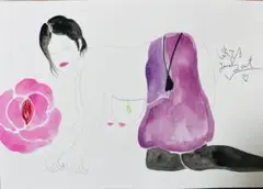 自画像ドローイング♡A4水彩アクリル絵画原画抽象画