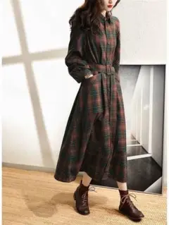 大人気❤️チェック柄シャツワンピース 秋冬 お出かけ 普段着 スタイリッシュ