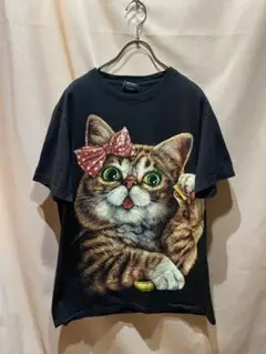 猫デザイン Tシャツ 黒 古着