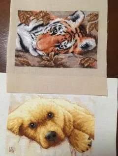 タイガーとゴールデンレトリーバー仔犬クロスステッチ刺繍完成品　二点セット
