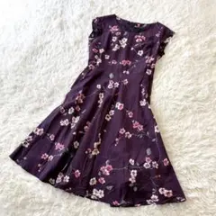 LAURA ASHLEY 花柄 Aラインワンピース　パープル　L 11号