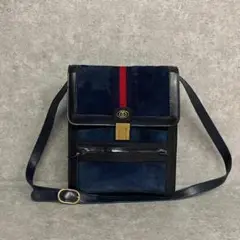 美品 オールドグッチ シェリーライン スエード レザー ショルダーバッグ 紺