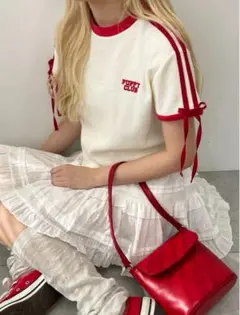 【美品】WC リボン2ラインワッフルTシャツ 赤 フリーサイズ
