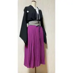 展示品　◇着物リメイク◇  ドッキングワンピース　黒×ピンクパープル　ベルト付き