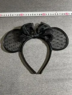 ミニーマウス　レース　ドット　黒水玉カチューシャ