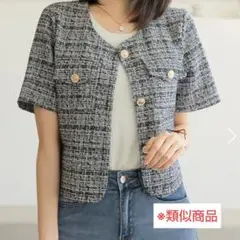ラウンドネックツイード半袖ジャケット