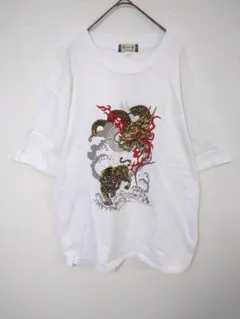京都樹林　Tシャツ　メンズXL　白色　綿100％　和柄　龍　虎　ラメ入り柄