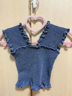 フリル付きダークブルー デニム オフショルダー タンクトップ