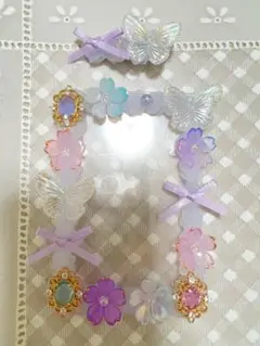 トレカケース ヘアクリップ付き 蝶々 花 ビジュー 紫 りぼん クキにゃ