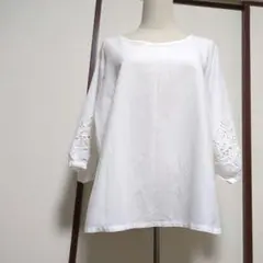 SELFSERVICE ホワイト レース装飾 五分袖ブラウス 綿100%　訳あり