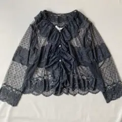 【美品】ヒスクローネ　さえら　カーディガン　刺繍レース　チュール　大きいサイズ