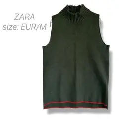 【ザラ】ハイネックバイカラーノースリーブニット EUR M ダークグリーン 赤