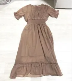 オレンジブラウン シャーリング　パフスリーブ　ロングワンピース Mサイズ