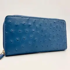 【未使用】オーストリッチ ブルー 青 長財布 ラウンドファスナー 本革 リアル