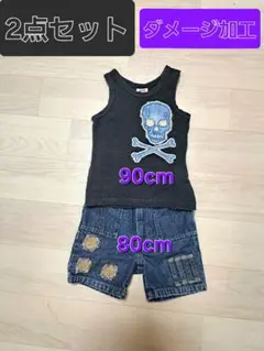 スカルデザイン タンクトップ&デニムショートパンツ 2点セット