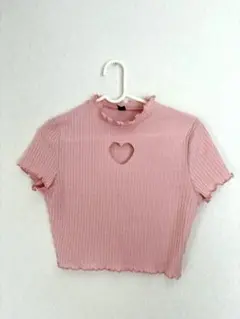 ピンク ハートカットアウト クロップドTシャツ