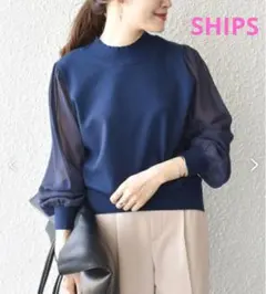 ネイビー 長袖 シフォンスリーブニット　SHIPS