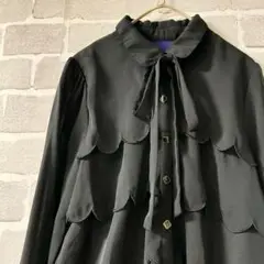 ヴィンテージ　タイ付きブラウス　刺繍フリル　レアなボタン　透け感　ブラック
