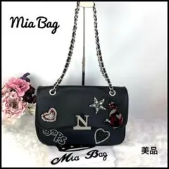 ミアバッグ チェーンショルダー レザー ビジュー 猫ワッペン 黒 袋付き 美品