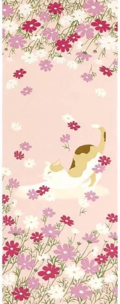 濱文様 絵手ぬぐい 秋桜とごきげん猫 秋 ねこ 手拭い てぬぐい タペストリー