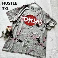ハッスル 桜花柄 東京ロゴ Tシャツ くすみグリーン 大きいサイズ 3XL