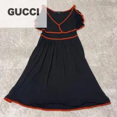 美品☆グッチ 膝丈ワンピース ブラック レッド バイカラー フリル