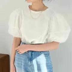 パフスリーブ 半袖カットソー オーガンジースリーブ トップス ボリュームスリーブ