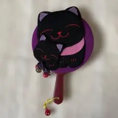 黒猫刺繍 紫色の和風アイテム鏡