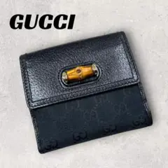 【良品】GUCCI グッチ GGキャンバス×バンブー 二つ折り財布 ブラック