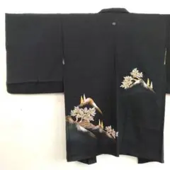 【格安出品】羽織 手描き 紋付き 正絹 身丈81 裄62 黒 ブラック