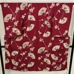 アンティーク 小振袖 花 紅色 正絹 着物 i-2781a