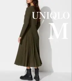 美品✨️ユニクロ コンビネーションワンピース カーキ 緑 長袖 ロング プリーツ