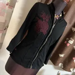 OZZON 黒 刺繍ジップアップカーディガン