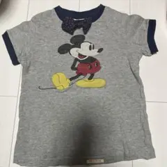 【数回着用】デニムダンガリーミッキー蝶ネクタイTシャツ 120cm HELLO