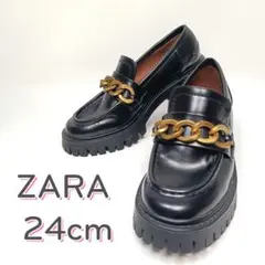 美品 ZARAローファー チェーン 厚底シューズ 38 モカシン 黒