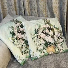 両面絵柄 2枚【 ゴッホ 薔薇のある花瓶 】 クッションカバー 枕カバー 座布団