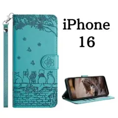 iPhone16 ケース 手帳型 猫柄 花柄 ターコイズブルー アイホン ケース